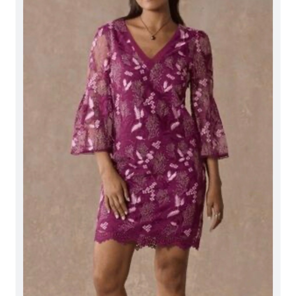 NWT Sundance Embroidered Mesh‎ Shift Dress Magenta Pink Bell Sleeve NEW